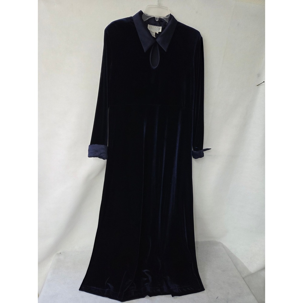 Saks Fifth Avenue Folio Navy Blue Velvet Maxi Dress Satin Trim Keyhole 14 Vtg 90